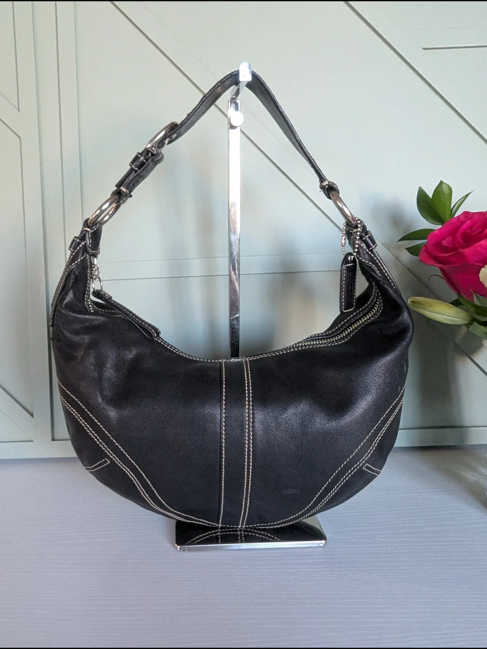 Coach Black Leather Hobo with Contrast White Stitching